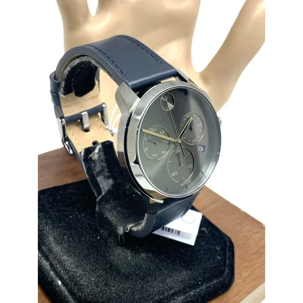 Movado Men's Watch 3600720 Swiss Quartz Chronograph Gray Dial Leather Band 42mm